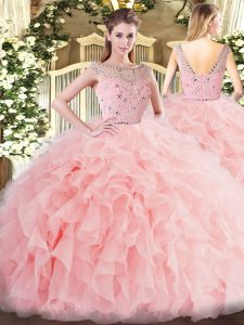  Floor Length Baby Pink 15 Quinceanera Dress Tulle Sleeveless Beading and Ruffles