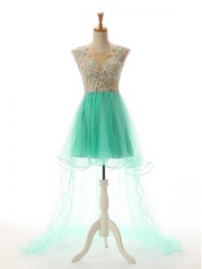  Apple Green Tulle Backless Scoop Sleeveless High Low Prom Party Dress Appliques