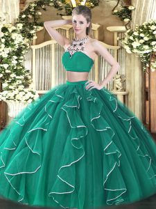  High-neck Sleeveless Tulle Quinceanera Gown Beading and Ruffles Backless