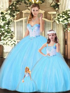  Aqua Blue Ball Gowns Sweetheart Sleeveless Tulle Floor Length Lace Up Beading Quinceanera Gown