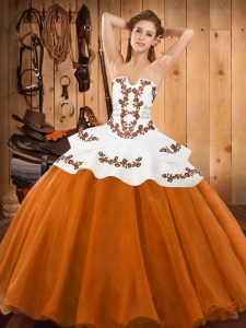  Orange Red Ball Gowns Embroidery 15 Quinceanera Dress Lace Up Tulle Sleeveless Floor Length