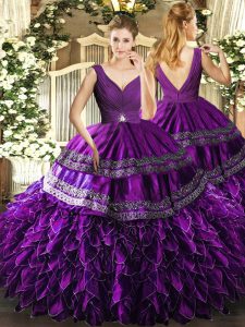 Adorable V-neck Sleeveless Organza Quince Ball Gowns Beading and Ruffles and Ruching Backless
