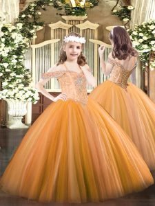 Fancy Floor Length Lace Up Little Girls Pageant Gowns Orange for Party and Quinceanera with Beading
