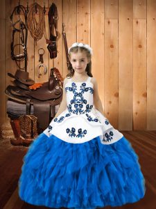  Blue Child Pageant Dress Sweet 16 and Quinceanera with Embroidery and Ruffles Straps Sleeveless Lace Up