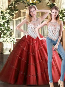  Wine Red Quinceanera Dresses Military Ball and Sweet 16 and Quinceanera with Beading Scoop Sleeveless Zipper
