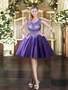  Tulle Scoop Sleeveless Zipper Beading Prom Dress in Purple