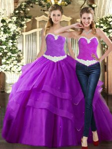  Sleeveless Floor Length Beading and Ruching Lace Up Quinceanera Gowns with Purple