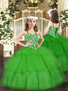 Dramatic Floor Length Green Little Girls Pageant Dress Organza Sleeveless Beading and Ruffled Layers
