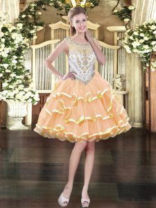  Peach Ball Gowns Beading and Ruffled Layers Evening Dress Zipper Organza Sleeveless Mini Length