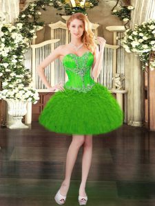 Delicate Green Organza Lace Up Evening Dress Sleeveless Mini Length Beading and Ruffles
