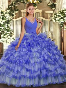 Decent Organza V-neck Sleeveless Backless Beading and Ruffled Layers Sweet 16 Dresses in Blue