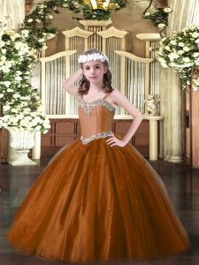 Great Sleeveless Floor Length Beading Lace Up Pageant Gowns For Girls with Brown