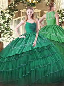 Fabulous Straps Sleeveless Sweet 16 Dresses Floor Length Embroidery and Ruffled Layers Dark Green Organza and Taffeta
