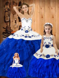 Sumptuous Floor Length Ball Gowns Sleeveless Blue And White Sweet 16 Dresses Lace Up