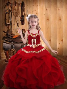 Adorable Wine Red Lace Up Straps Embroidery and Ruffles Party Dress for Girls Organza Sleeveless
