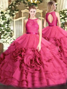 Spectacular Scoop Sleeveless Quinceanera Gown Floor Length Lace Hot Pink Fabric With Rolling Flowers