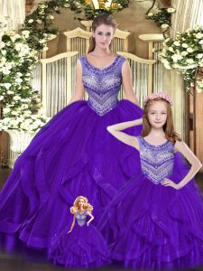  Eggplant Purple Ball Gowns Scoop Sleeveless Tulle Floor Length Lace Up Beading and Ruffles Sweet 16 Quinceanera Dress