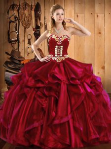  Wine Red Lace Up Sweetheart Embroidery and Ruffles Quince Ball Gowns Organza Sleeveless