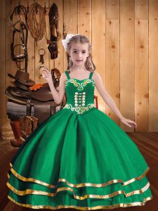 New Style Green Sleeveless Embroidery and Ruffled Layers Floor Length Little Girls Pageant Gowns