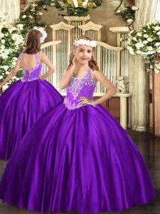 Beautiful Floor Length Purple Little Girls Pageant Dress Wholesale V-neck Sleeveless Lace Up