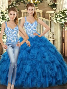  Floor Length Ball Gowns Sleeveless Blue Sweet 16 Quinceanera Dress Lace Up