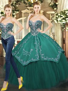 Pretty Dark Green Lace Up Sweetheart Beading and Appliques Quinceanera Gown Tulle Sleeveless