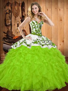 Fantastic Yellow Green Sweetheart Neckline Embroidery and Ruffles Sweet 16 Dress Sleeveless Lace Up