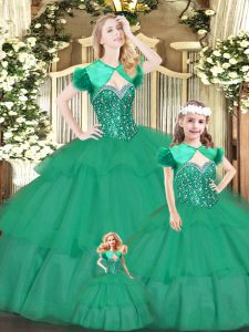  Green Ball Gowns Organza Sweetheart Sleeveless Beading and Ruffled Layers Floor Length Lace Up Quinceanera Gown