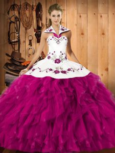  Fuchsia Lace Up Halter Top Embroidery and Ruffles Quinceanera Gowns Satin and Organza Sleeveless