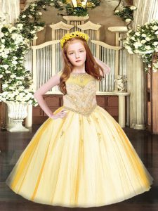  Gold Zipper Scoop Beading and Appliques Child Pageant Dress Tulle Sleeveless