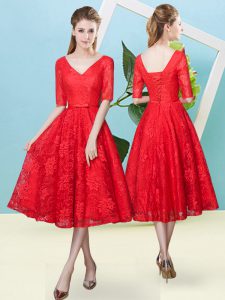 Cute Half Sleeves Lace Tea Length Lace Up Dama Dress in Red with Bowknot