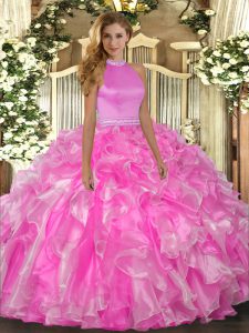 Fitting Rose Pink Backless Halter Top Beading and Ruffles Quinceanera Gowns Organza Sleeveless
