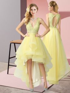 Perfect Beading and Lace Quinceanera Dama Dress Yellow Backless Sleeveless High Low