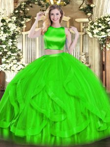Delicate Green Sleeveless Floor Length Ruffles Criss Cross Quinceanera Gown