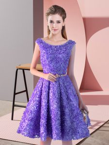  A-line Prom Party Dress Lavender Scoop Lace Sleeveless Knee Length Lace Up