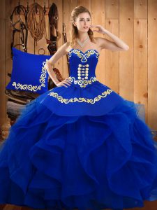 Custom Fit Floor Length Lace Up 15th Birthday Dress Blue for Military Ball and Sweet 16 and Quinceanera with Embroidery and Ruffles