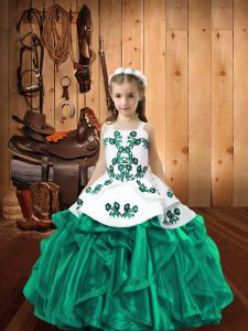  Turquoise Ball Gowns Organza Straps Sleeveless Embroidery and Ruffles Floor Length Lace Up Child Pageant Dress