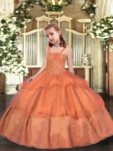 Popular Orange Organza Lace Up Girls Pageant Dresses Sleeveless Floor Length Beading and Ruffled Layers
