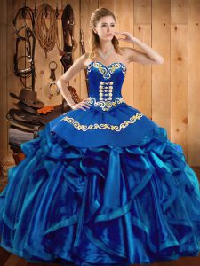 Fabulous Sweetheart Sleeveless 15th Birthday Dress Floor Length Embroidery and Ruffles Blue Organza