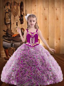  Fabric With Rolling Flowers Sleeveless Floor Length Pageant Gowns For Girls and Embroidery and Ruffles