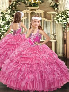 Custom Made Rose Pink Ball Gowns Beading and Ruffled Layers and Pick Ups Little Girl Pageant Gowns Lace Up Organza Sleeveless Floor Length