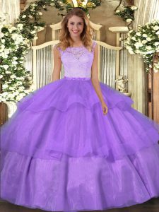  Organza Scoop Sleeveless Clasp Handle Lace and Ruffled Layers Ball Gown Prom Dress in Lavender