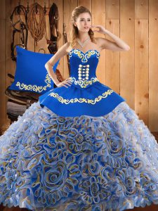  Sleeveless Satin and Fabric With Rolling Flowers With Train Sweep Train Lace Up Quinceanera Gown in Multi-color with Embroidery