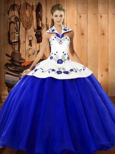 Lovely Halter Top Sleeveless Lace Up Ball Gown Prom Dress Blue And White Satin and Tulle