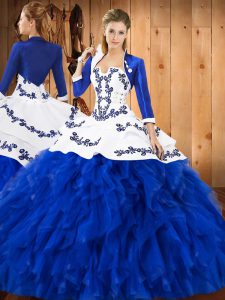 High End Blue And White Ball Gowns Embroidery and Ruffles 15 Quinceanera Dress Lace Up Satin and Organza Sleeveless Floor Length