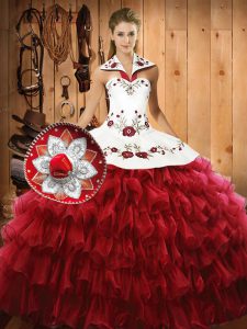Delicate Sleeveless Organza Floor Length Lace Up Sweet 16 Dress in Wine Red with Embroidery and Ruffled Layers
