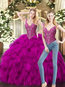  Sleeveless Beading and Ruffles Lace Up 15th Birthday Dress