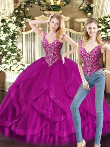  Sleeveless Floor Length Beading and Ruffles Lace Up Vestidos de Quinceanera with Fuchsia