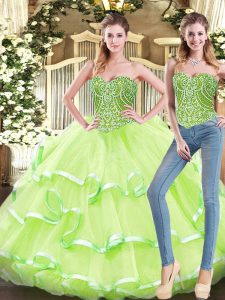 Pretty Yellow Green Organza Lace Up Quinceanera Dress Sleeveless Floor Length Beading and Ruffled Layers