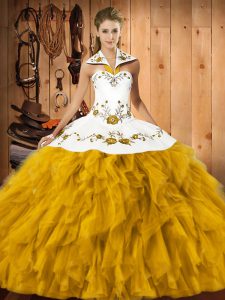 Extravagant Satin and Organza Halter Top Sleeveless Lace Up Embroidery and Ruffles 15th Birthday Dress in Gold